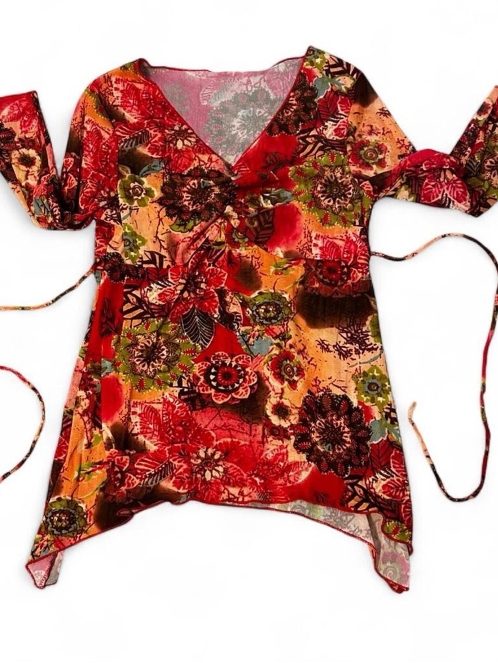 Cato Floral V-Neck Tie-Waist Tunic in Red, Green, Brown Women’s M Whimsigoth Y2K